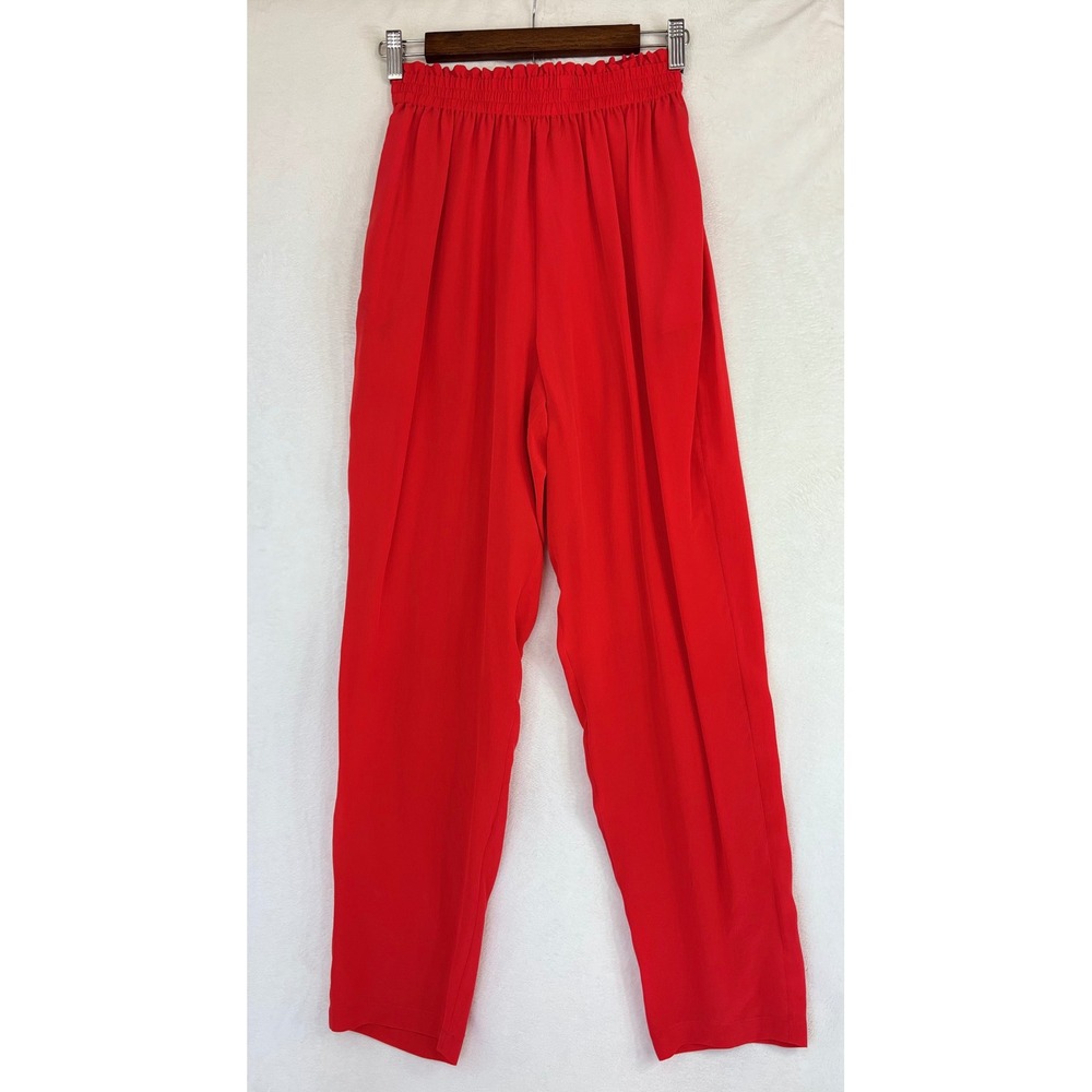 VINTAGE 100% SILK Pant 90s Red High Waisted Tapered Trouser Pull On Bright Small